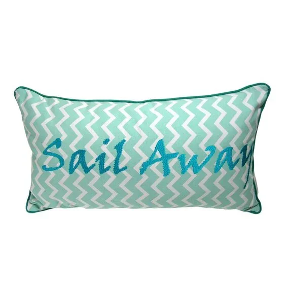 Beach House Coastal Pillow, Sail Away, Rectangle, Aqua, NOS